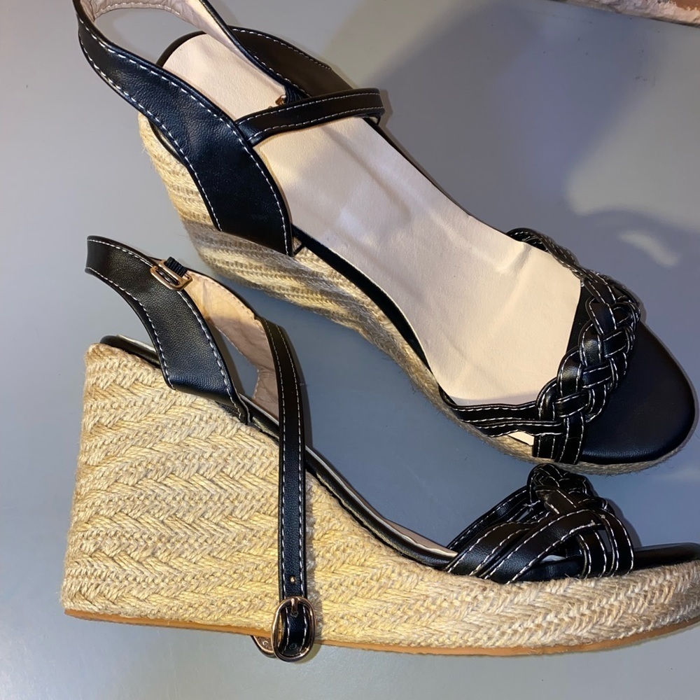Black Espadrille Wedge Sandals Womens 9.5 Ankle Strap Braided Platform Summer